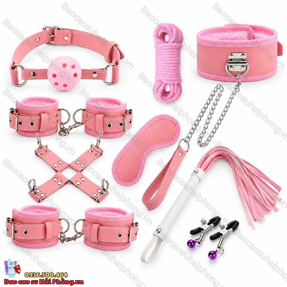 Bộ 10 món BDSM hồng - Da bò cao cấp, đầy đủ phụ kiện